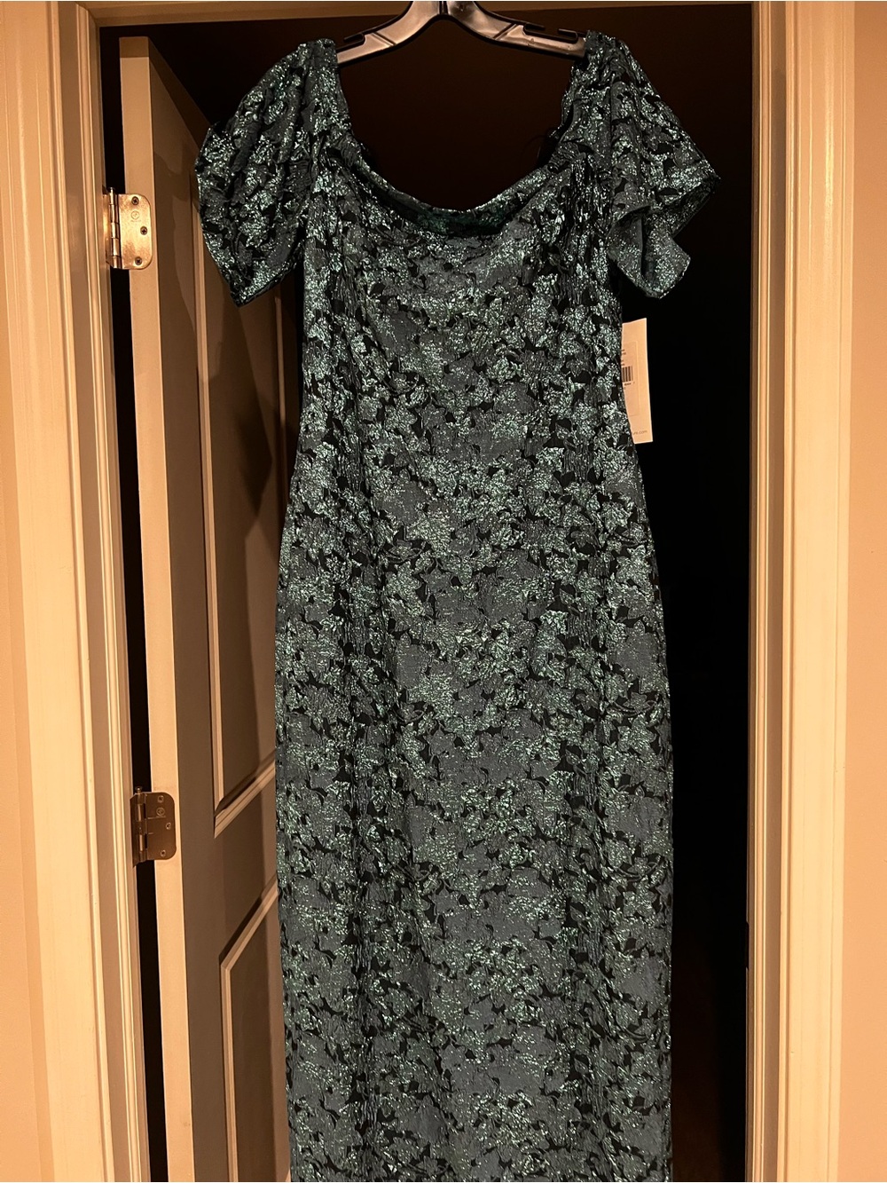 THEIA Metallic Teal Floral Jacquard Evening Gown